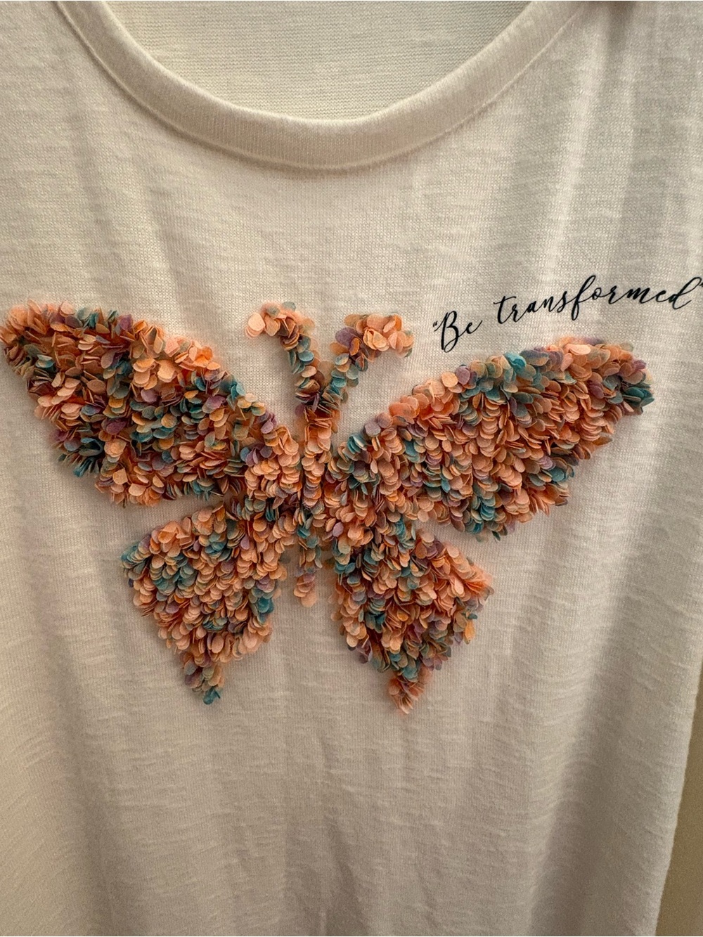 Cato Cream Short-Sleeve Tee with Peach Floral Butterfly